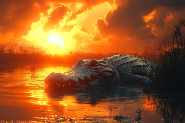 Alligator basks in the golden sunset of the Florida Everglades