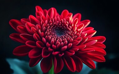 Stunning close-up of a bright red chrysanthemum flower with intricate petal layers and deeply detailed center in soft lighting against a dark background