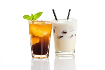 Refreshing beverage assortment featuring iced tea and creamy milk on a minimal white backdrop