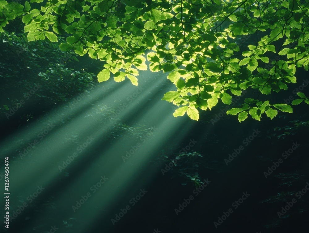 Poster sunlight filtering through leaves in a tranquil forest setting nature peaceful environment