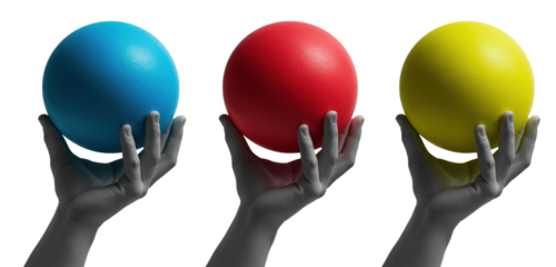 Three colorful balls held by sculptures hands showcasing vibrant colors and playful design in minimalist style on a transparent background
