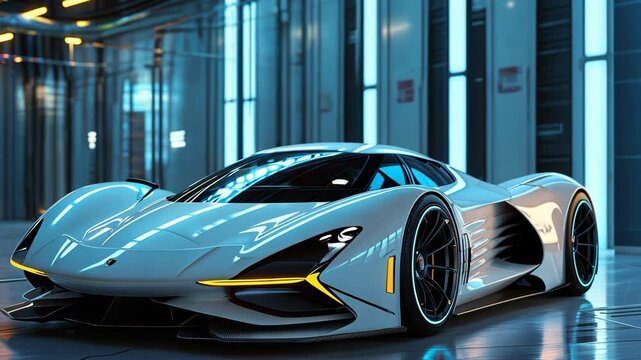 Sleek and Futuristic Hypercar Design Showcased in a High-Tech Environment With Neon Accents