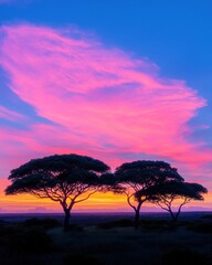Fototapeta premium Serene sunset over majestic trees coastal landscape nature tranquil environment wide-angle view