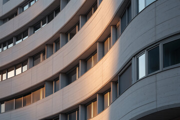 Fototapeta premium Curved concrete building facade with warm light
