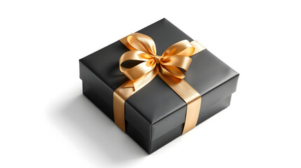 Obraz premium Black gift box wrapped with golden ribbon on white background