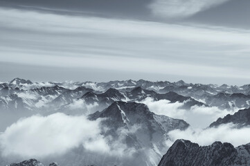 wetterstein mountains in clouds Germany Zugspitze in black and white