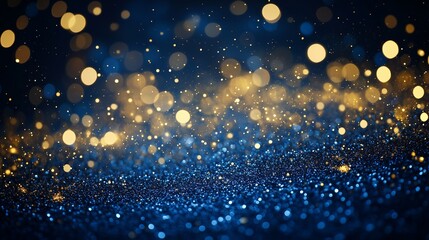 Obraz premium Golden bokeh background. Abstract abstract blue and gold particles on a dark background. Christmas concept with bokeh in navy blue. Background with a golden bokeh effect lifestyle.