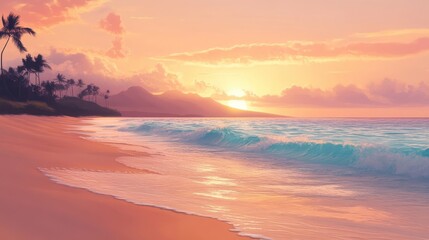 Obraz premium Serene Hawaiian Sunset Over Quiet Beach