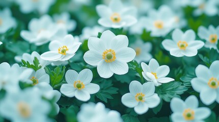 Obraz premium White wood anemone flowers bloom on a lush green forest floor during a bright spring day.
