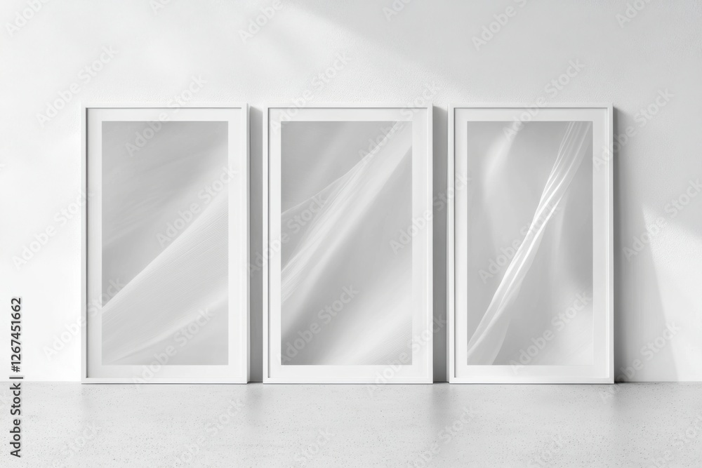Poster elegant display of four white rectangular frames arranged in a vertical layout against a pristine wh