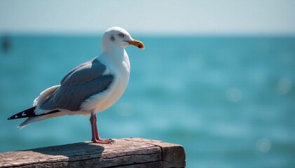 Fototapeta premium Seagull perched on a weathered wooden beam, sea bird, beach scene, weathered wood