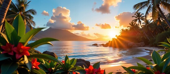 Tropical beach paradise at sunset with red flowers in the foreground, palm trees, and a distant mountain peak overlooking the ocean with gentle waves.