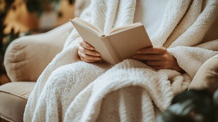 Woman reading book in cozy armchair, plants background, relaxation