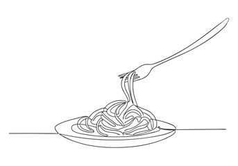 Continuous One Line Fork with Noodles on Plate | Minimalist Food Vector Illustration