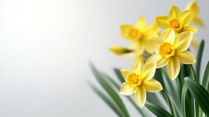 Fototapeta premium doffodil flowers on a white background with blur and green leaves