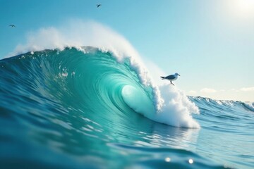 Obraz premium Seagull riding on back of giant wave at seaside , ocean, beach, wave