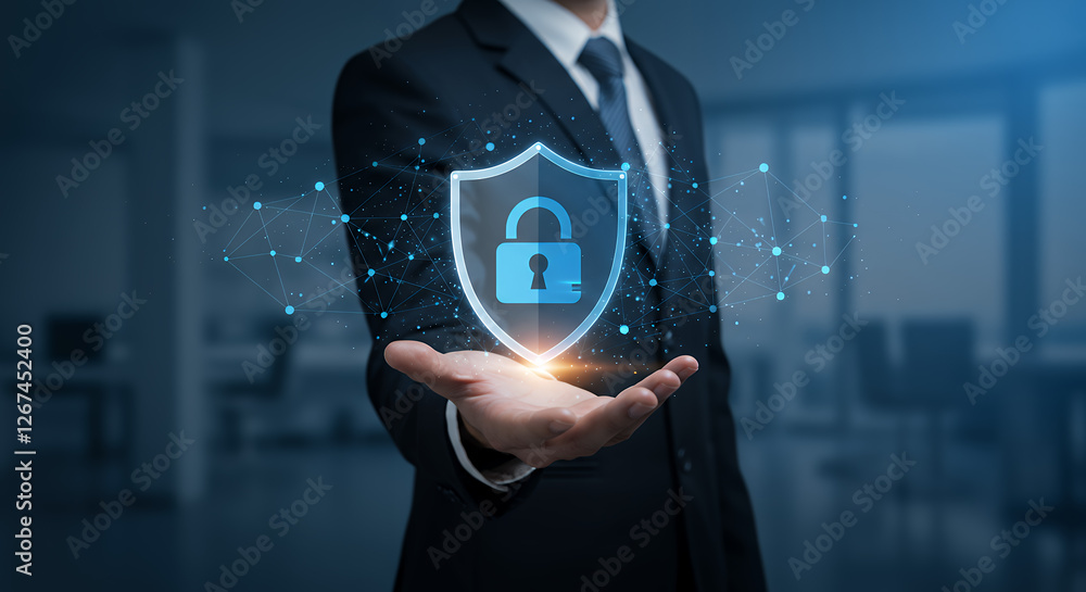 Poster cybersecurity shield: protecting your data with advanced technology. secure online safety, digital s