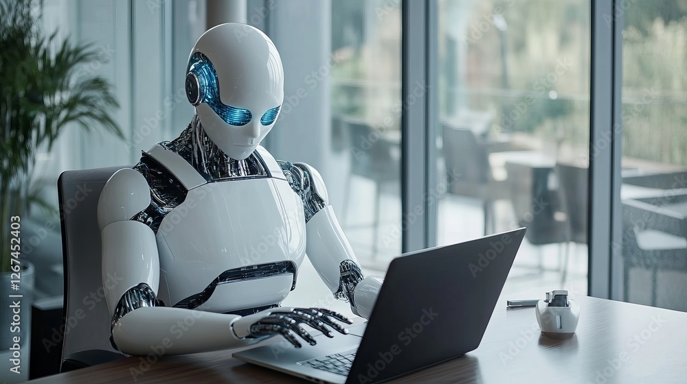 Poster advanced robotic assistant working on laptop modern office setting futuristic technology artificial 