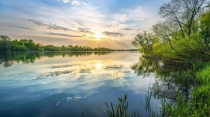 Fototapeta premium Serene spring lake scene with crystal-clear water, blooming trees, and reflections, softened by soft clouds during golden hour, captured in ultra-detailed 8k and a peaceful atmosphere