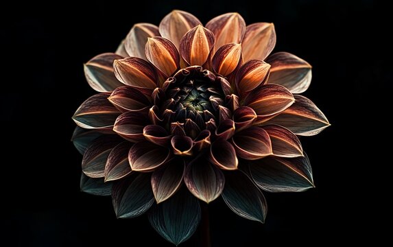 Dark moody dahlia flower with deep bronze and brown petals in full bloom featuring dramatic lighting and high-resolution macro photography for botanical and nature art lovers