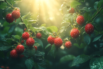 Sun-Kissed Berries, A Symphony of Light and Dew in Verdant Foliage
