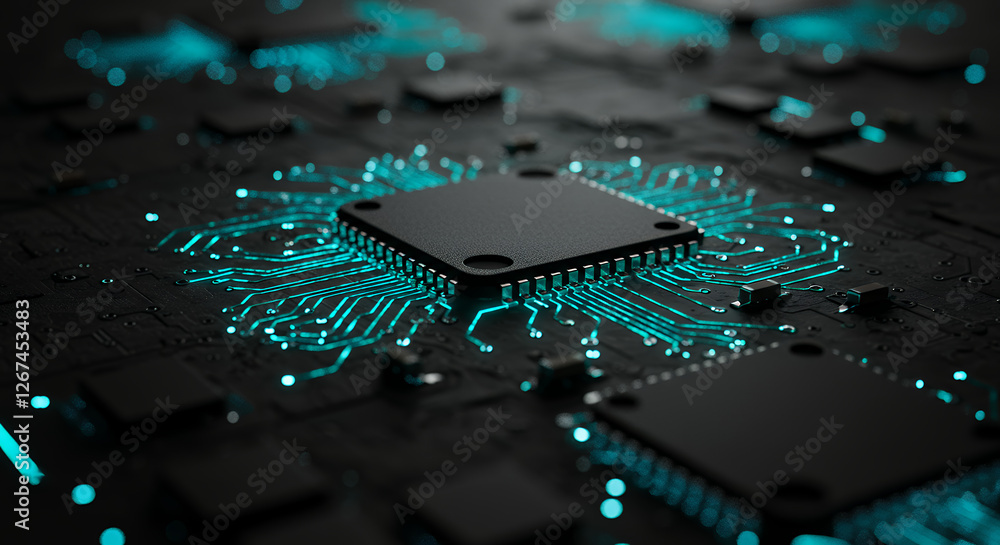 Poster glowing circuits: futuristic tech, ai microchip motherboard design - hi-tech innovation, quantum com