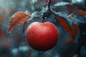 Crimson orb, A jewel of autumn suspended in a glistening twilight embrace