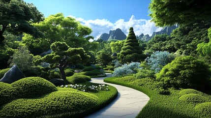 Obraz premium Hidden garden, secret lush paradise in spring, 3D illustration