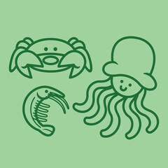 Lineart outline Sea Animal in cute colorful design for kids and education