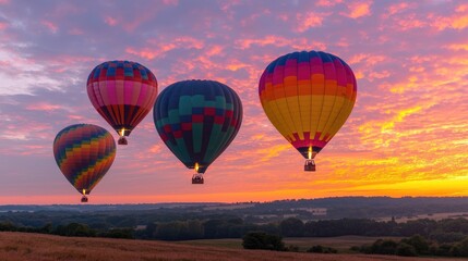 Naklejka premium Colorful hot air balloons fly at sunrise over scenic countryside