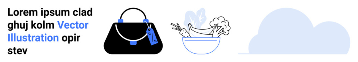 Elegant handbag with blue tags, a bowl containing vegetables and fruits, and a simple cloud shape. Ideal for fashion, food, lifestyle, eco-consciousness, minimalism, organization flat landing page