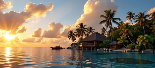Tropical island paradise at sunset with a small building, palm trees, and a boat anchored in the calm, reflective water, under a dramatic sky