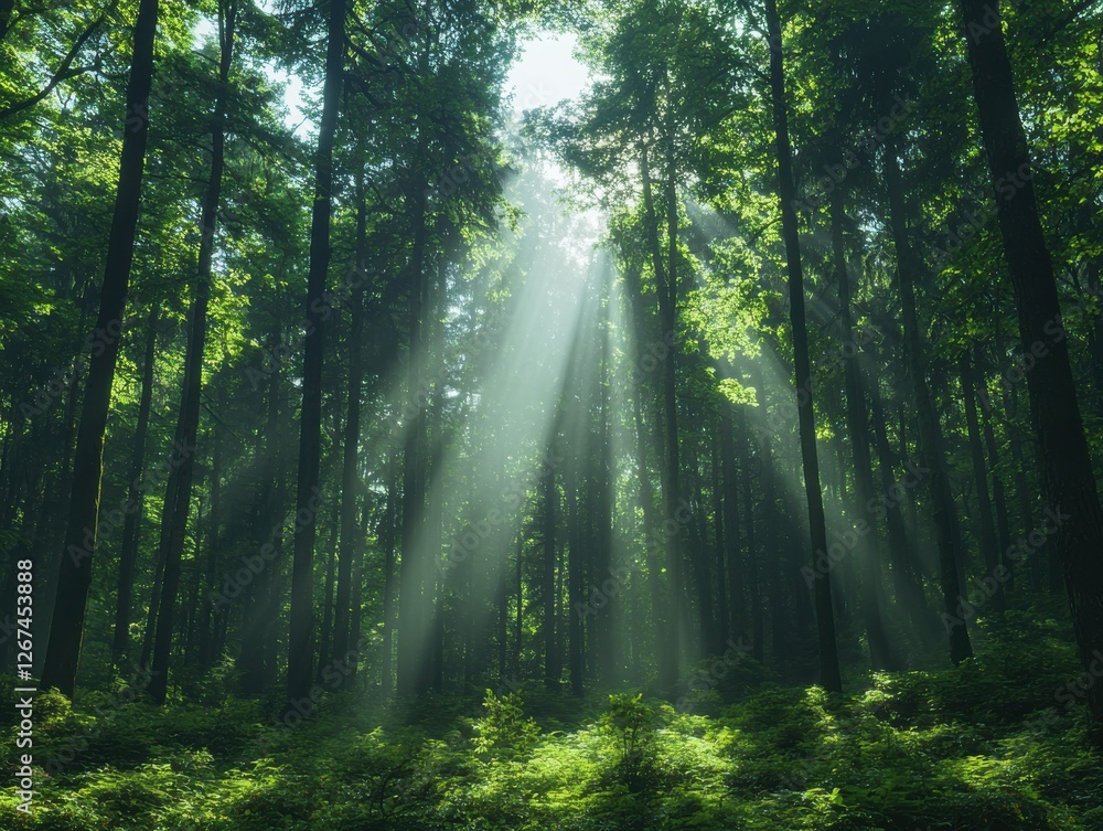Aufkleber sunlight filtering through trees in lush forest nature serene environment vertical view