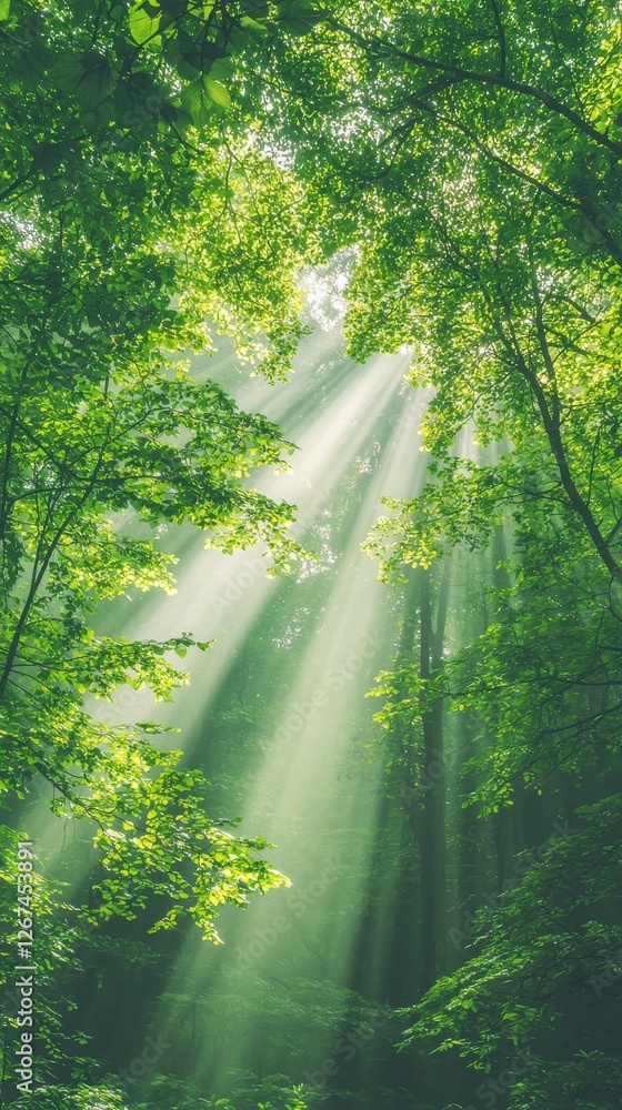 Poster sunlight filtering through lush green trees forest nature serene environment vertical view tranquili