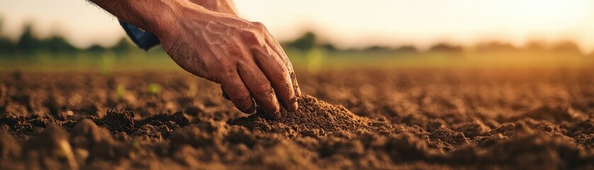 Close-Up of Hand Planting Seeds in Earth with Sunlight in Background on a Agriculture Field at Sunset
