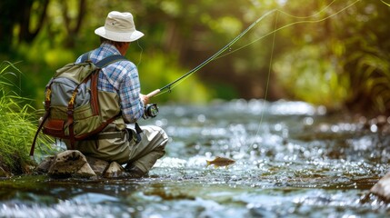 Fly Fisherman Casting a Line on a Sunny Day, Enjoying the Serenity of Nature s Beauty.