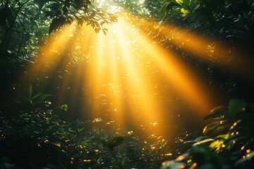 Ethereal Illumination, Golden Sunbeams Dancing Through Verdant Foliage