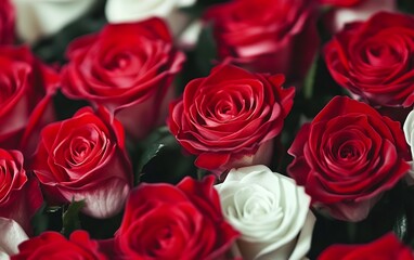 Beautiful bouquet of red and white roses in full bloom featuring lush petals and vibrant colors high-resolution macro photography for floral and wedding themes