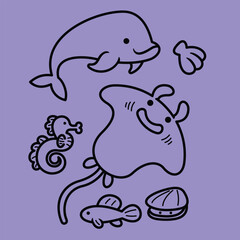 Lineart outline Sea Animal in cute colorful design for kids and education