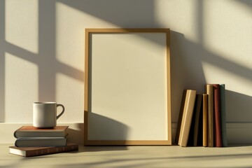 Cozy contemporary setup featuring a minimal wood art frame against a bright wall with books and a coffee mug