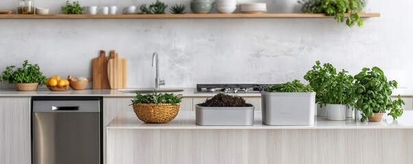A modern kitchen featuring fresh herbs, a sleek countertop, and natural elements, promoting a clean and vibrant cooking space.