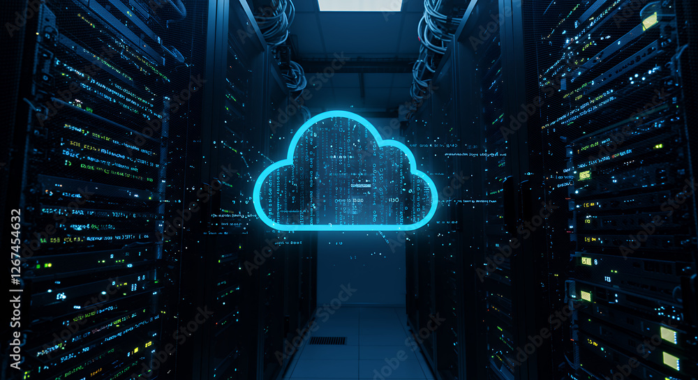 Poster cloud computing power: server room with digital data flow & futuristic tech. data security, hosting,