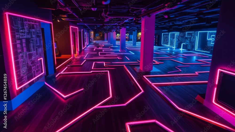 Poster a high-tech maze featuring glowing circuit board pathways and neon lights, creating a futuristic, di