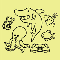 Lineart outline Sea Animal in cute colorful design for kids and education