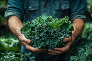 Farmer's hands hold a vibrant harvest of fresh, curly, green kale