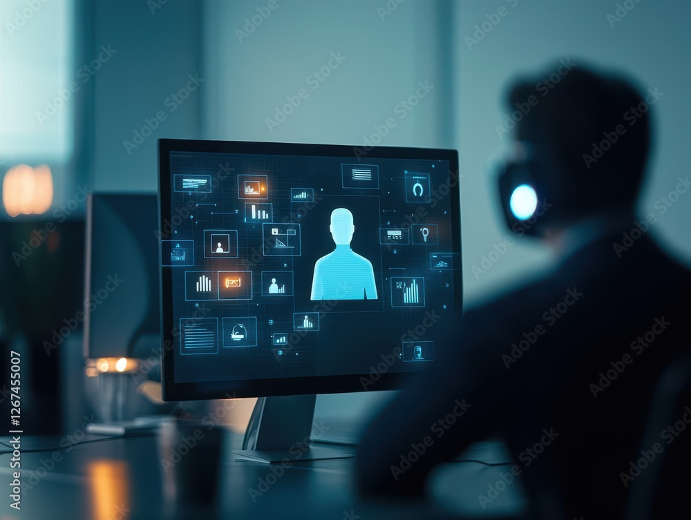 Poster a person sits at a desk, wearing headphones, focused on a computer screen displaying various digital