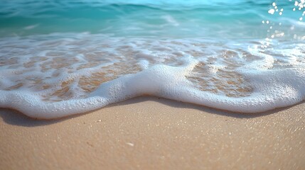 Tranquil and Inviting Beach Scene with Soft White Sand Soothing Ocean Waves in the Distance and Warm Natural Lighting Creating a Peaceful and Serene Atmosphere