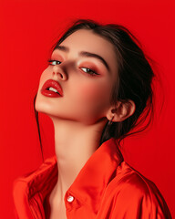 Fototapeta premium Portrait of a beautiful model on red background 