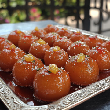 "gulab jaman sweet,cultural food, sweet delicious food,garnished"