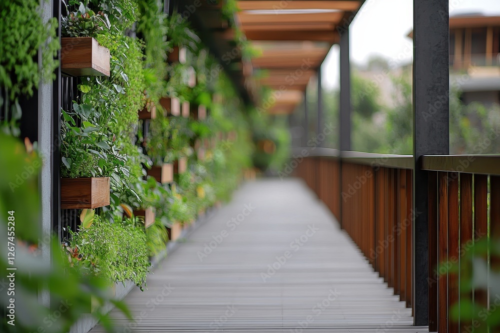 Aufkleber a serene walkway adorned with lush greenery on either side, featuring wooden elements that create a 